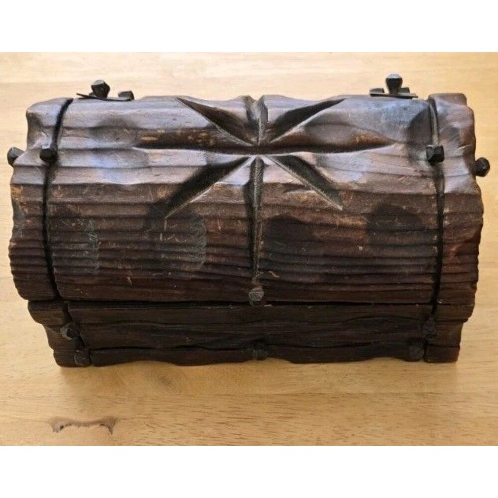 Antique - Rustic Hand Carved - Wood - Metal Hinge - Trinket Keepsake Jewelry Box